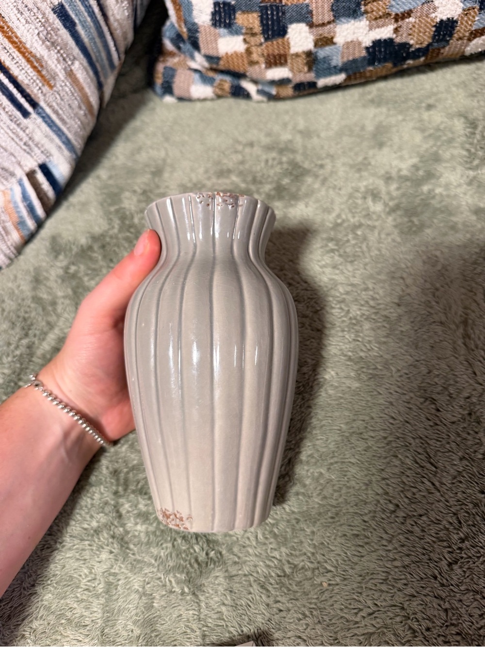 Ribbed Ceramic Vase in Light Gray